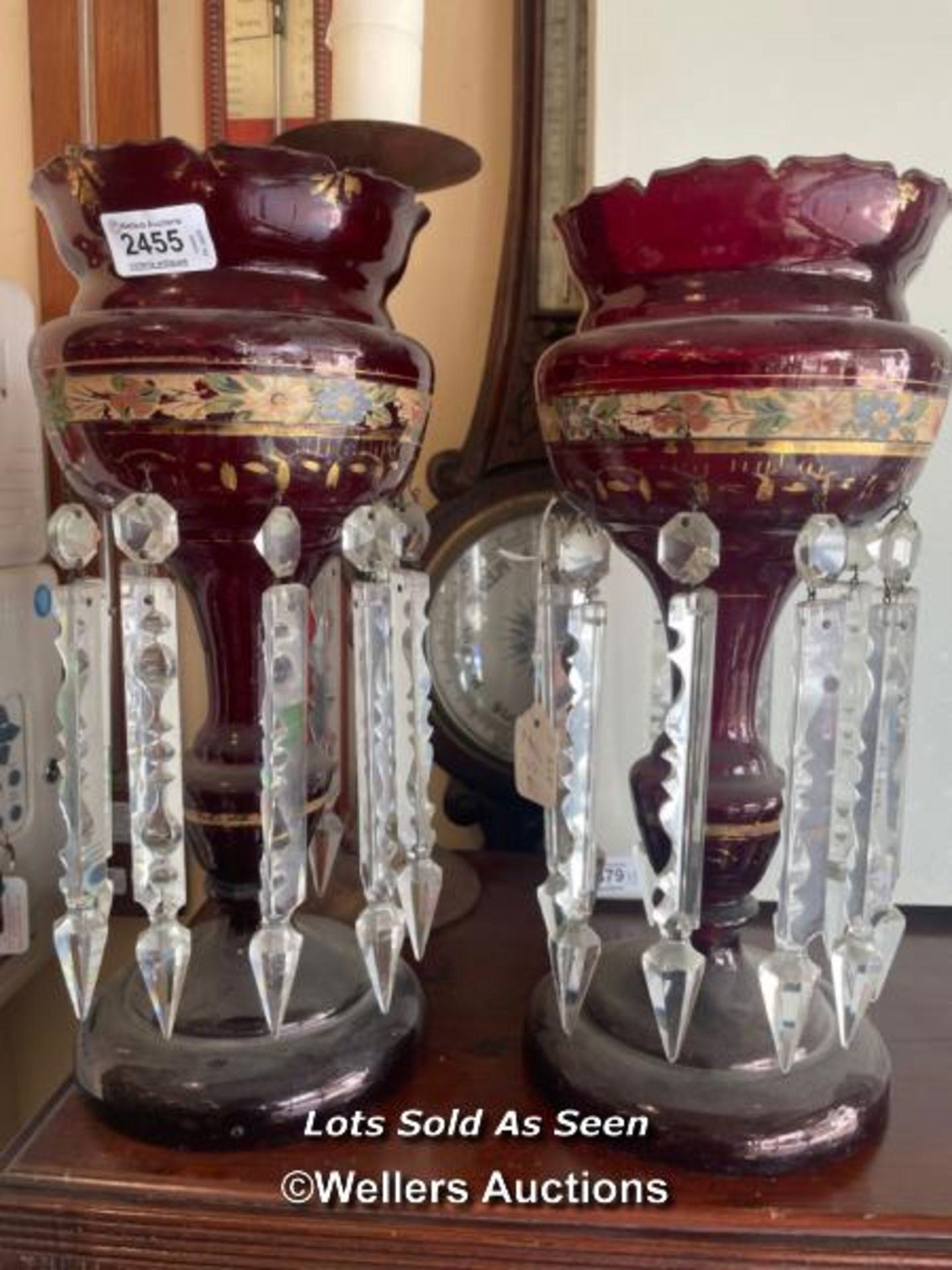 *PAIR OF VICTORIAN RUBY GLASS LUSTRES, 36CM