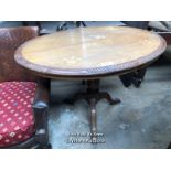 OVAL INLAID FOLDING TABLE ON TRIPOD BASE, 45.5 X 33 X 30 INCHES / LOCATED AT VICTORIA ANTIQUES,