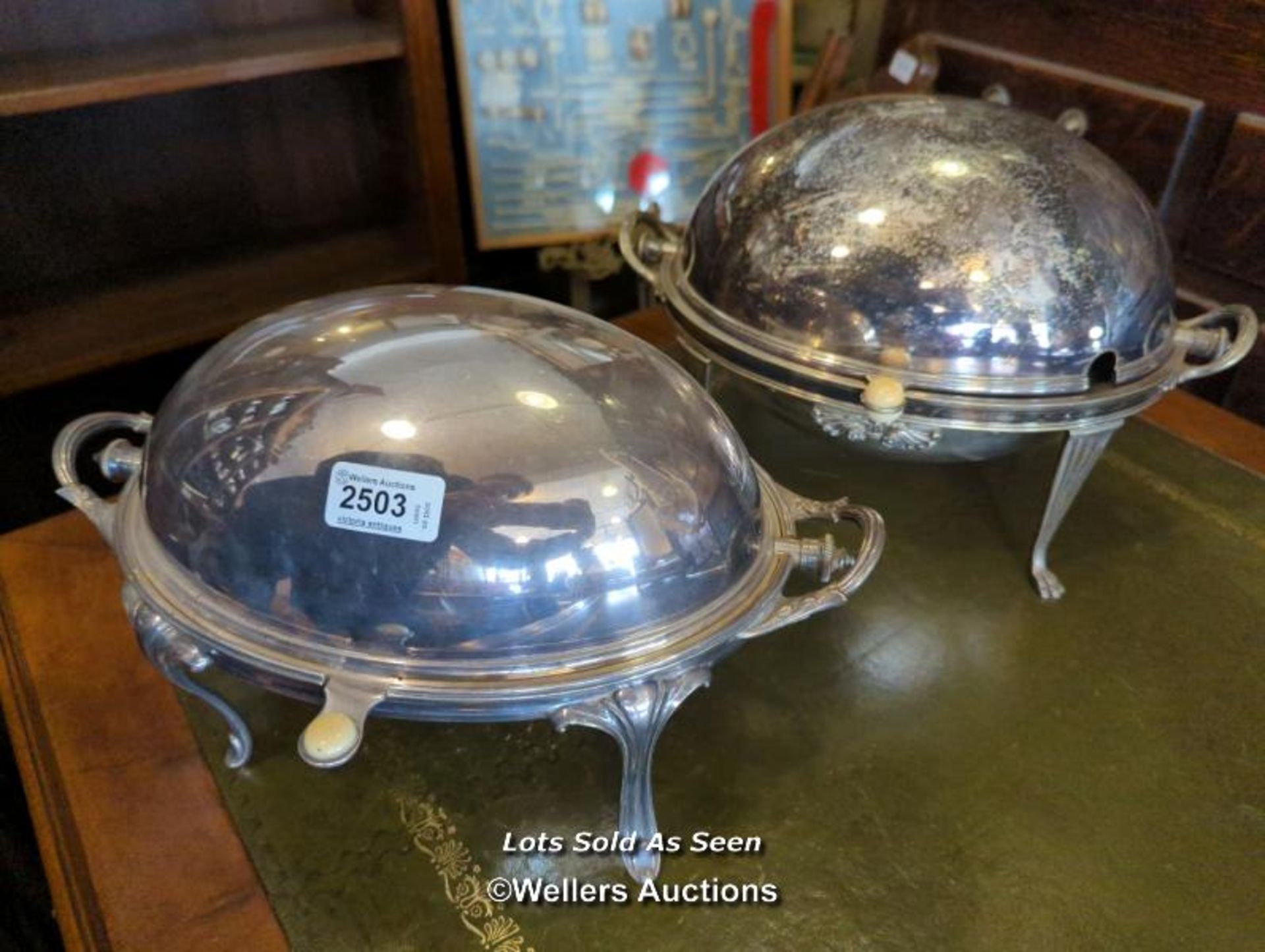 *TWO SIMILAR SILVER PLATED CHAFING DISHES WITH REVOLVING TOPS / LOCATED AT VICTORIA ANTIQUES,