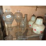 *SIX GLASS OIL LAMP SHADES INCLUDING TWO PAIRS / LOCATED AT VICTORIA ANTIQUES, WADEBRIDGE, PL27 7DD