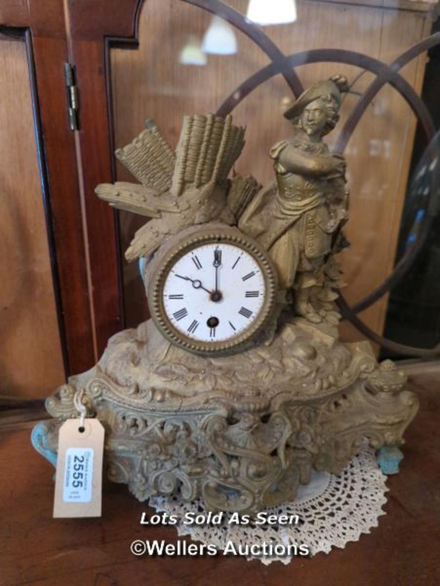 *VICTORIAN GILT METAL FIGURAL CLOCK DESIGNED AS A CAVALIER / LOCATED AT VICTORIA ANTIQUES,