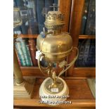 *VICTORIAN BRASS OIL LAMP WITH SHAMROCK MOTIF AND STONEWARE BASE / LOCATED AT VICTORIA ANTIQUES,