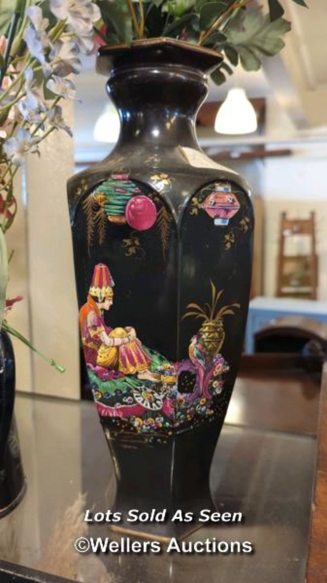 *PAIR OF BLACK INDIAN STYLE PAINTED VASES, TOGETHER WITH A SMALL BLACK JUG / LOCATED AT VICTORIA - Image 4 of 5