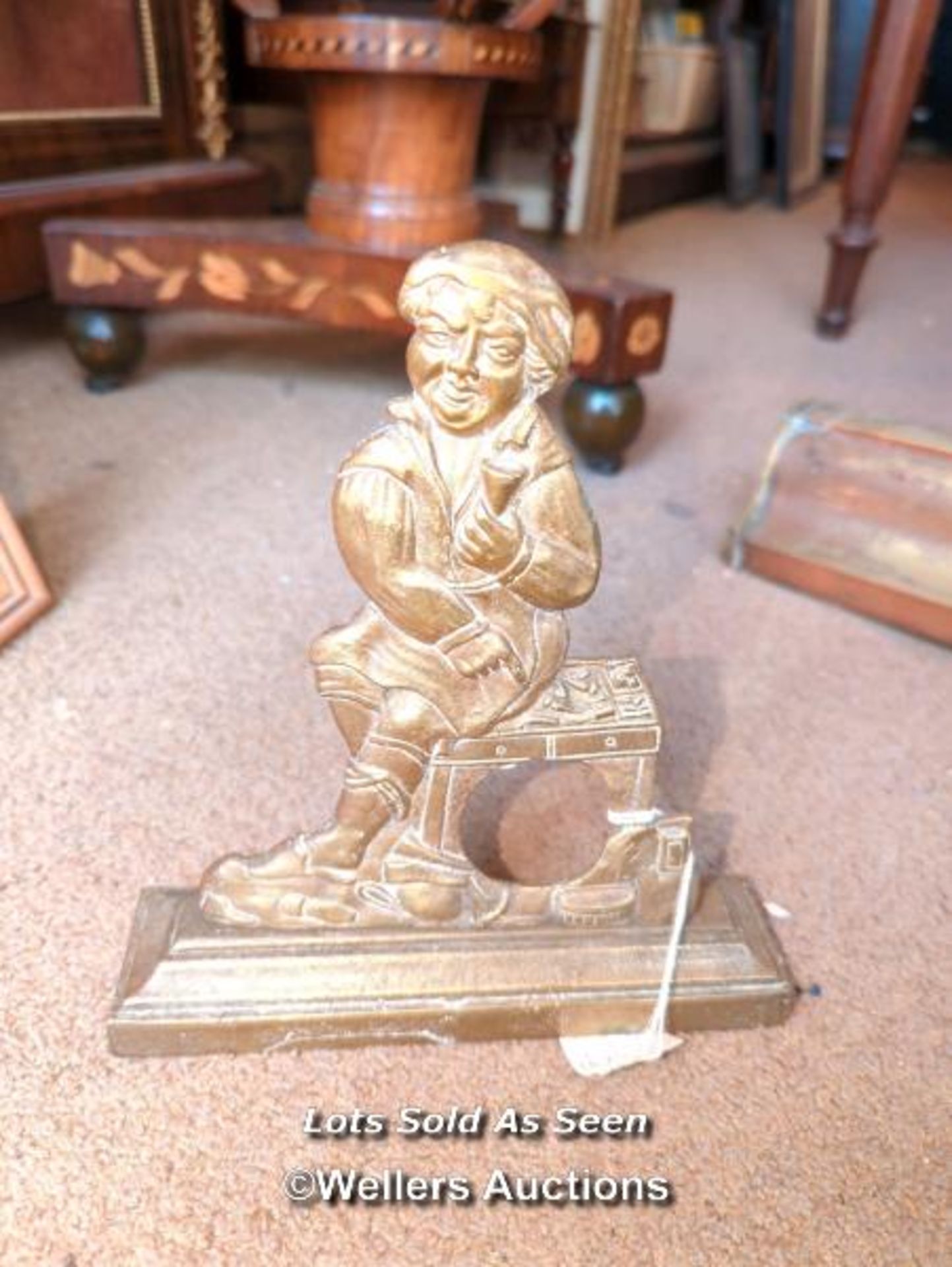 *PAIR OF SMALL BRASS FIREDOGS AND A SMALL BRASS FIGURAL DOORSTOP / LOCATED AT VICTORIA ANTIQUES, - Image 3 of 3