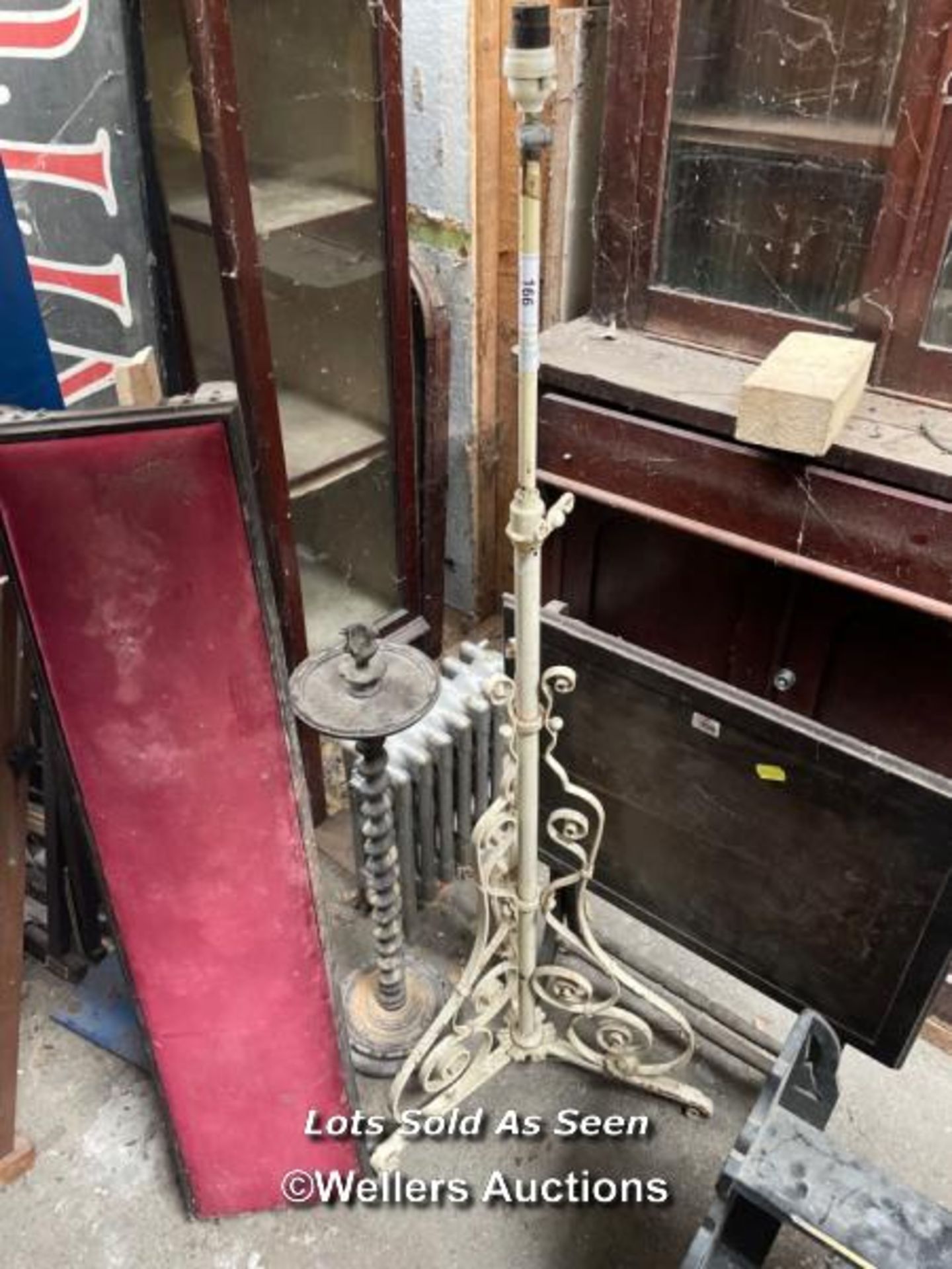 ANTIQUE ASSORTMENT INCLUDING CAST IRON RADIATOR, CAST IRON STANDARD LAMP BASE, FOLDING TABLE, ETC. /