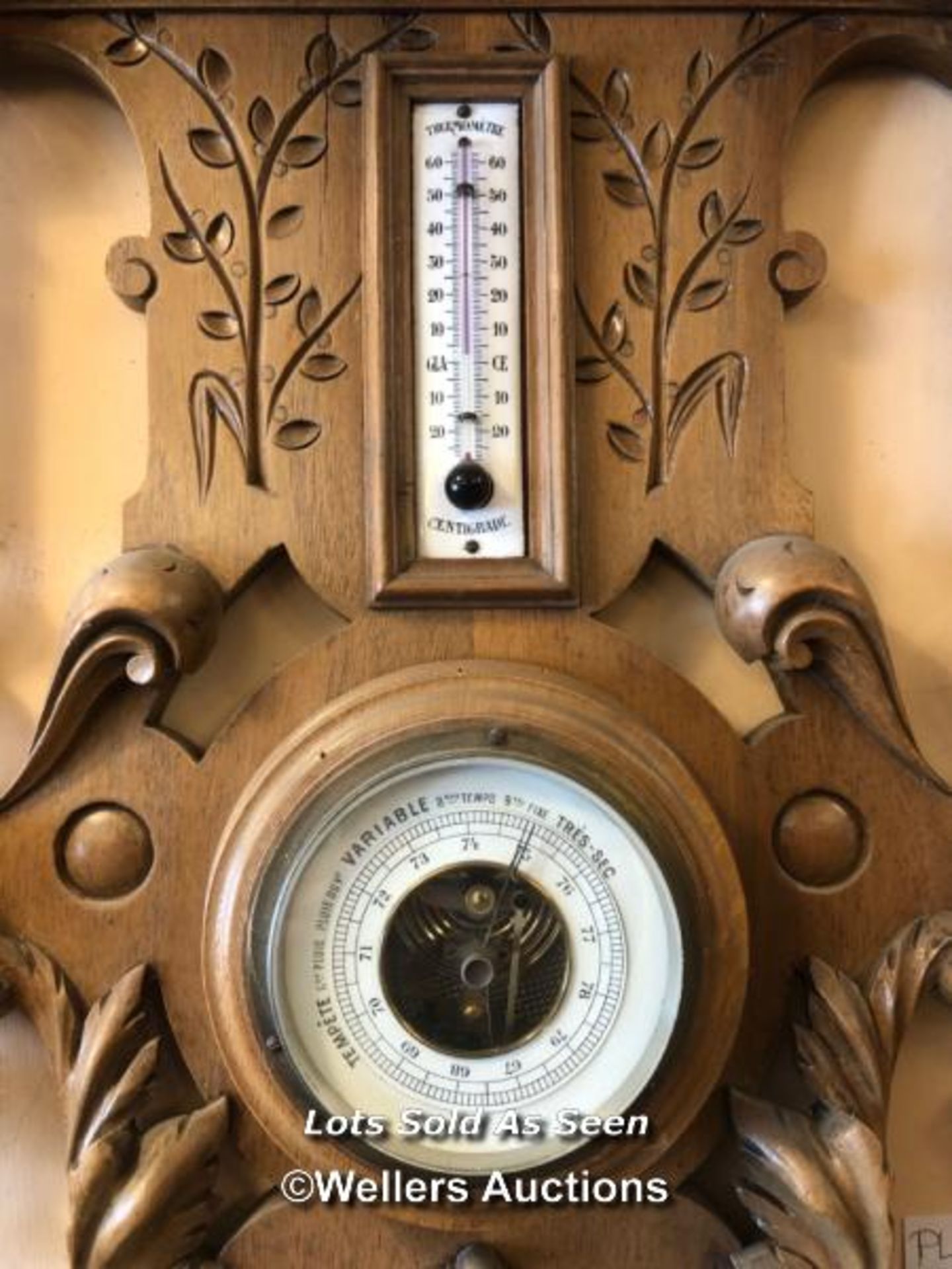 *LARGE AND UNUSUAL WALNUT WALL CLOCK WITH BAROMETER AND THERMOMETER, 133CM / LOCATED AT VICTORIA - Image 3 of 6