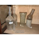 *TWO MATCHING CUT GLASS DECANTERS WITH TOPS, CUT GLASS VASE AND BOTTLE / LOCATED AT VICTORIA