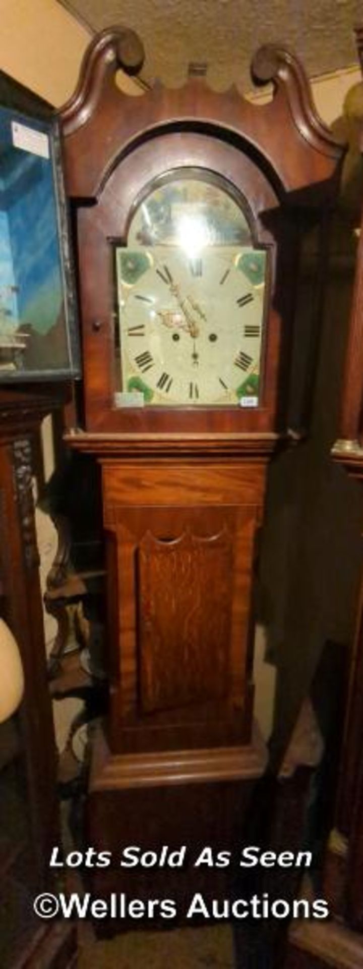 *MAHOGANY 8 DAY LONGCASE CLOCK, PAINTED DIAL SIGNED INDISTINCTLY, 227CM / LOCATED AT VICTORIA