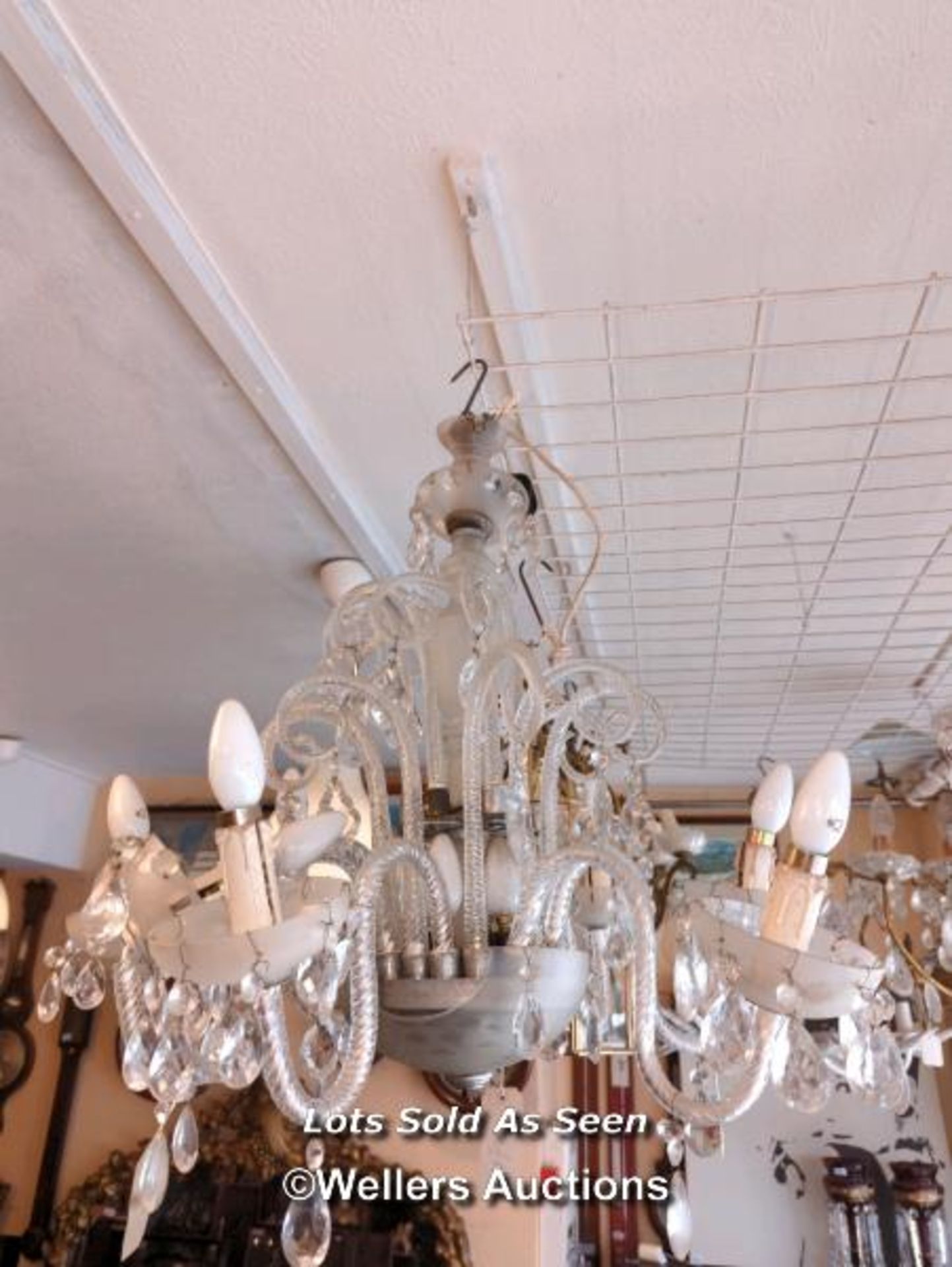 *GLASS HANGING CHANDELIER WITH SEVEN SCROLLING ARMS HUNG WITH PRISM DROPS / LOCATED AT VICTORIA - Image 2 of 3