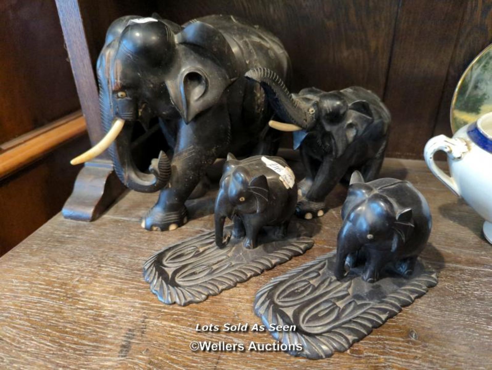 *LARGE EBONY ELEPHANT, 23CM, ANOTHER SIMILAR AND A PAIR / LOCATED AT VICTORIA ANTIQUES,