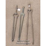 *THREE PAIRS OF FIRE TONGS AND A POKER / LOCATED AT VICTORIA ANTIQUES, WADEBRIDGE, PL27 7DD