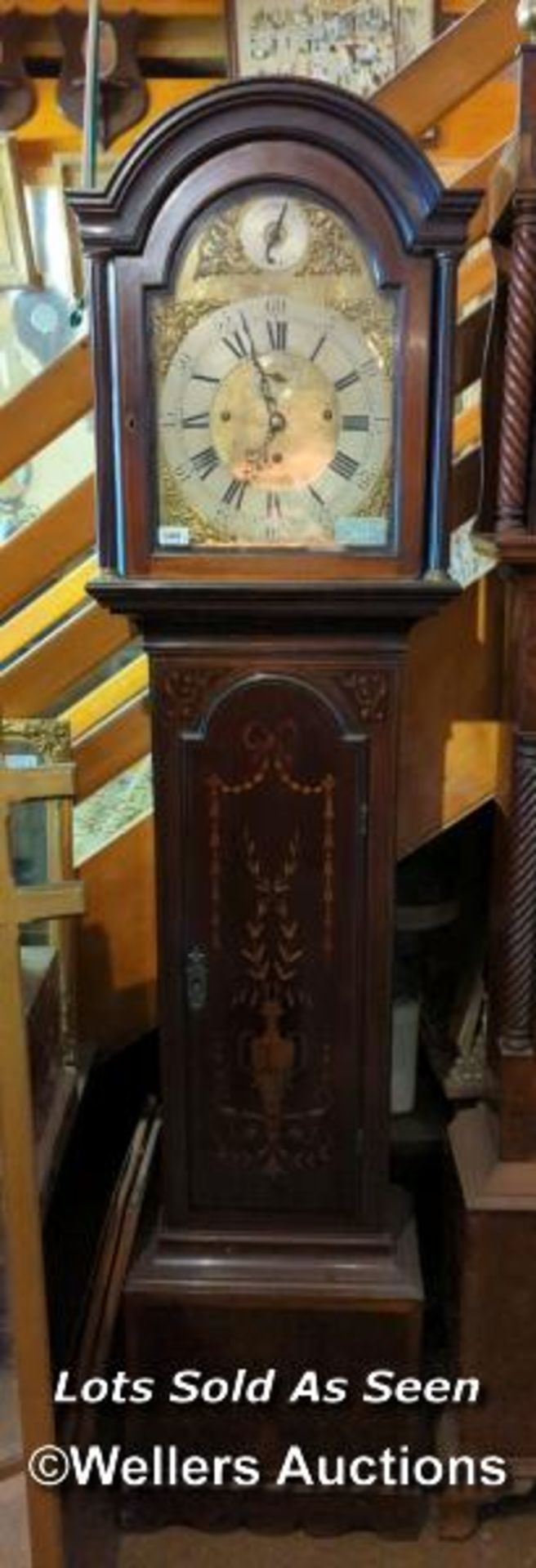 *INLAID MAHOGANY 8 DAY LONGCASE CLOCK WITH STRIKING MOVEMENT, 206CM / LOCATED AT VICTORIA