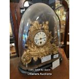 *FRENCH 19TH CENTURY GILT METAL CLOCK UNDER GLASS DOME, 35CM / LOCATED AT VICTORIA ANTIQUES,