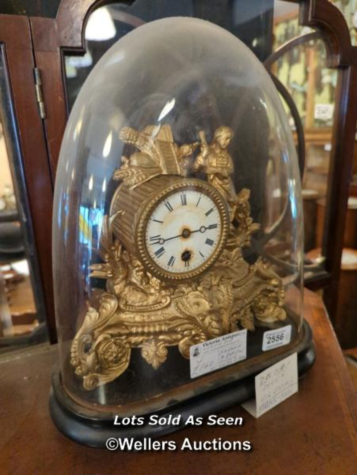 *FRENCH 19TH CENTURY GILT METAL CLOCK UNDER GLASS DOME, 35CM / LOCATED AT VICTORIA ANTIQUES,