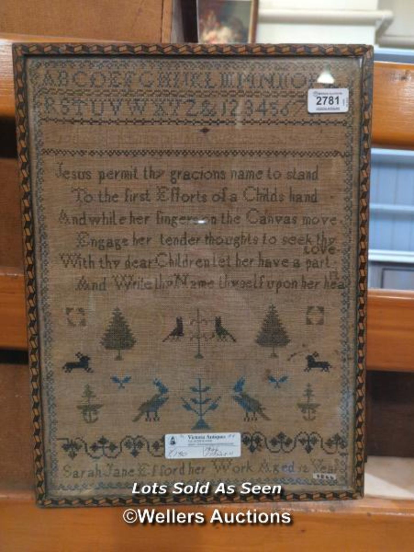 *FRAMED SAMPLER C1844 BY SARAH JANE EFFORDHER AGED 12 YEARS, 31 X 42.5CM / LOCATED AT VICTORIA