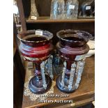 *PAIR OF VICTORIAN RUBY GLASS LUSTRES, 35CM, SOME DROPS LACKING / LOCATED AT VICTORIA ANTIQUES,