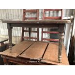 RECTANGULAR EXTENDING DINING TABLE ON CASTORS, 50 X 42 X 28 INCHES / LOCATED AT VICTORIA ANTIQUES,