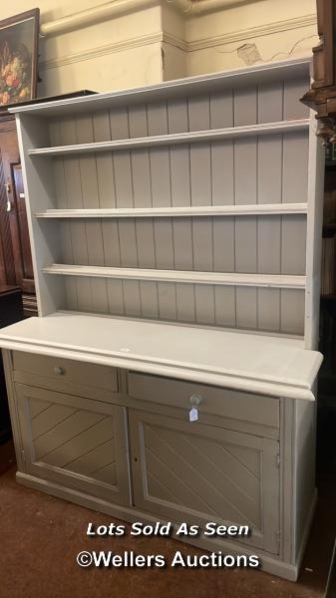 *PAINTED DRESSER WITH DELFT RACK, 150CM WIDE / LOCATED AT VICTORIA ANTIQUES, WADEBRIDGE, PL27 7DD