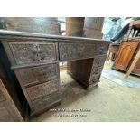 OAK CARVED DESK WITH NINE DRAWERS, 41.5 X 28.5 X 29.5 INCHES / LOCATED AT VICTORIA ANTIQUES,