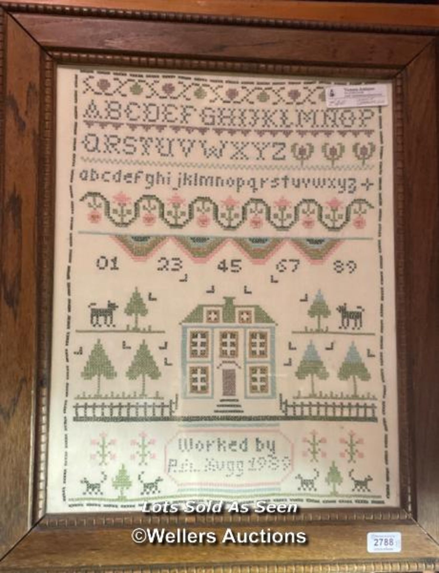 *SAMPLER WORKED BY P. A. XUGG, 1989, 39 X 50CM / LOCATED AT VICTORIA ANTIQUES, WADEBRIDGE, PL27 7DD