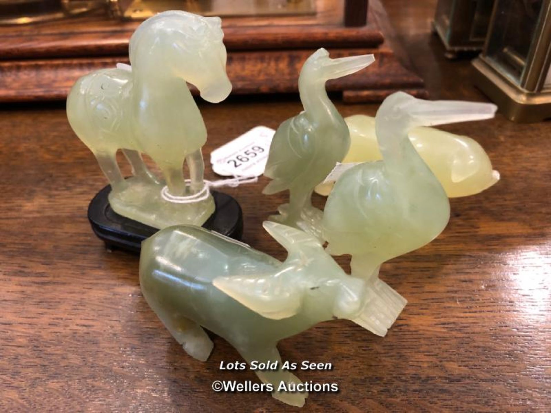 *FIVE CHINESE HARDSTONE ANIMALS: PIG, HORSE, BUFFALO, TWO BIRDS, THE TALLEST 8CM / LOCATED AT
