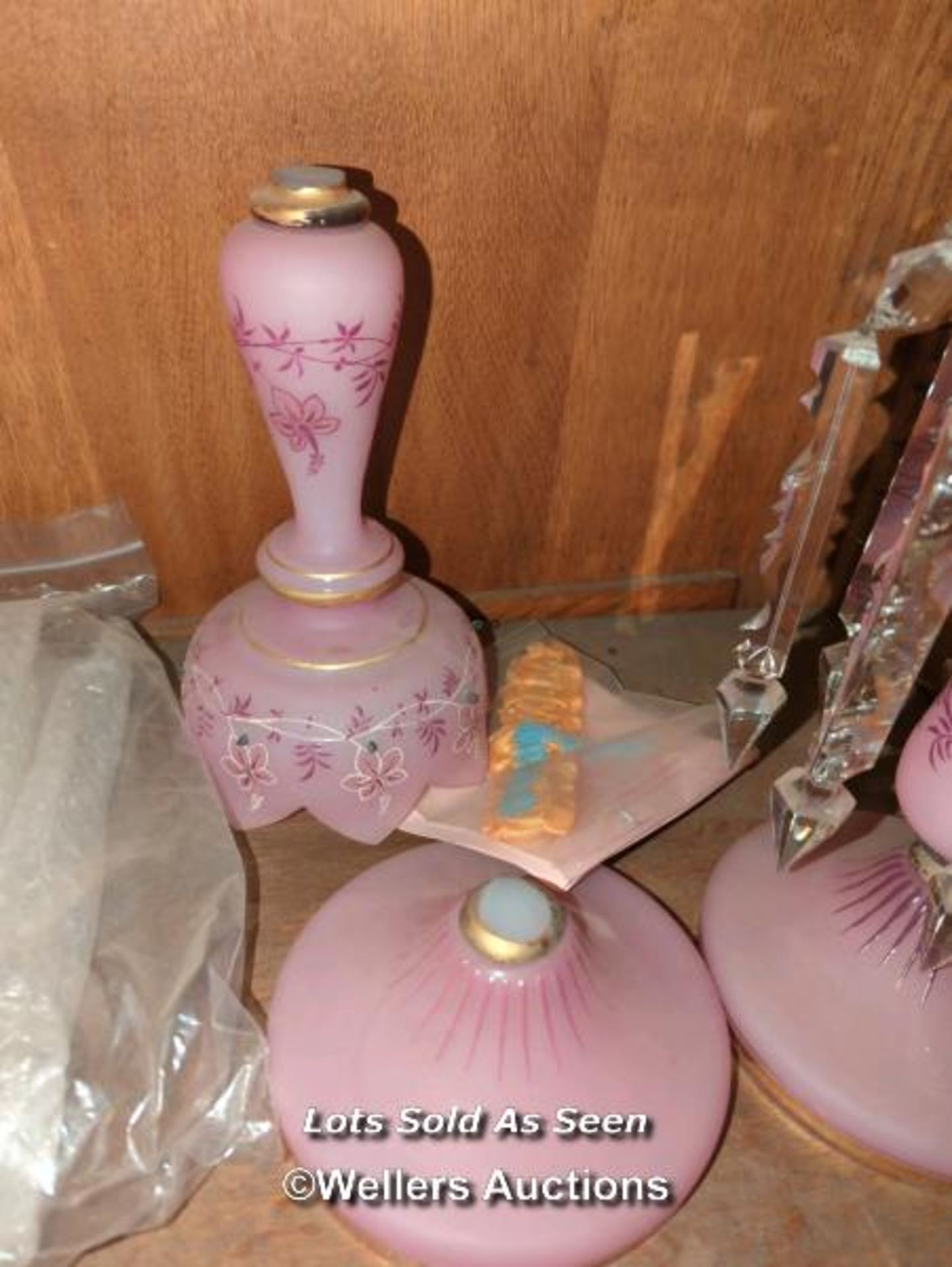 *PAIR OF VICTORIAN PINK GLASS LUSTRES, 28CM, ONE NEEDS REPAIR / LOCATED AT VICTORIA ANTIQUES, - Image 2 of 2