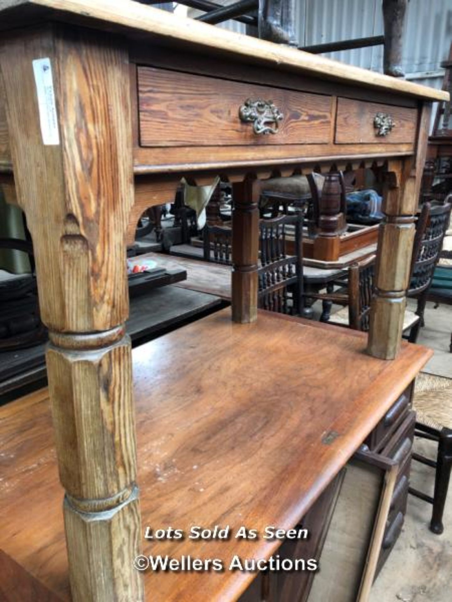 PINE TABLE WITH TWO DRAWERS AND BRASS HANDLES, 51 X 27 X 31 INCHES / LOCATED AT VICTORIA ANTIQUES, - Image 3 of 3