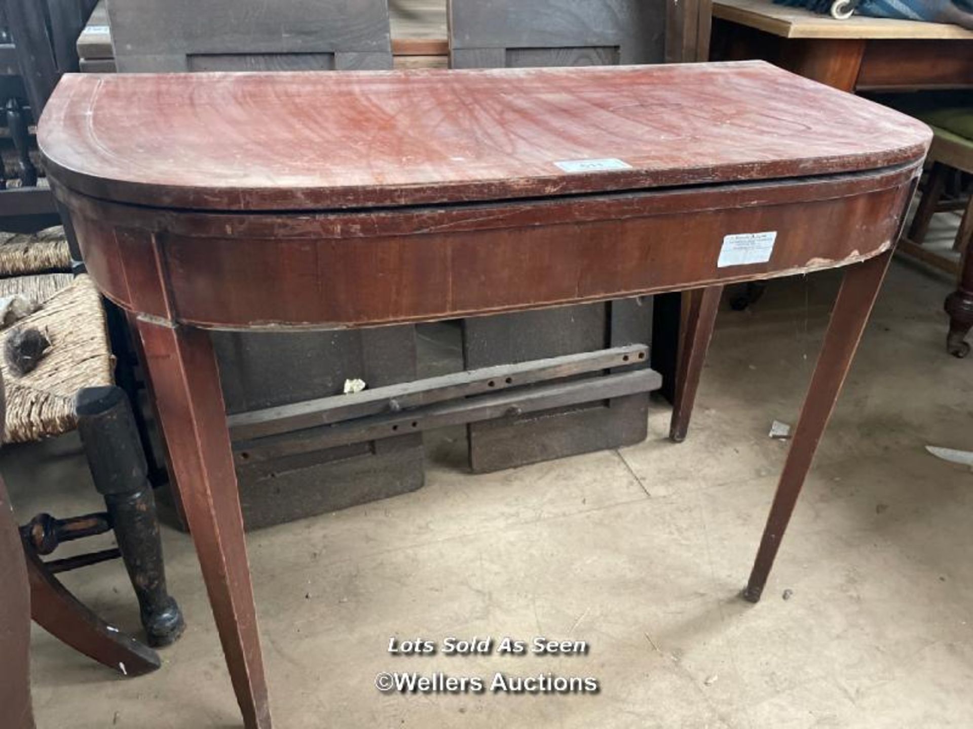 INLAID FOLDING BOW FRONTED TABLE, 39 X 19 X 29.5 INCHES / LOCATED AT VICTORIA ANTIQUES, - Image 2 of 3