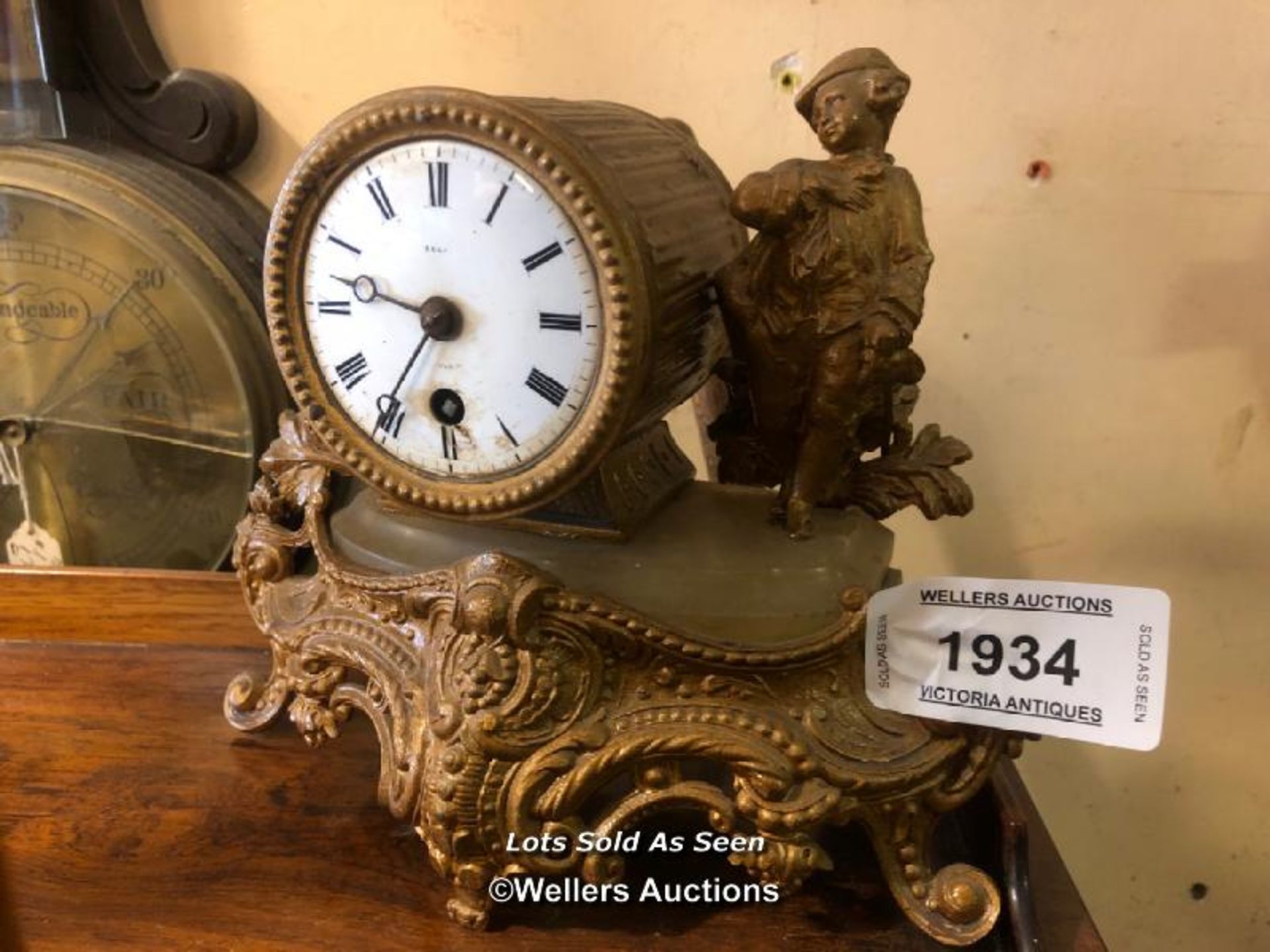 *SMALL GILT FIGURAL MANTEL CLOCK WITH MARBLE TOP / LOCATED AT VICTORIA ANTIQUES, WADEBRIDGE, PL27