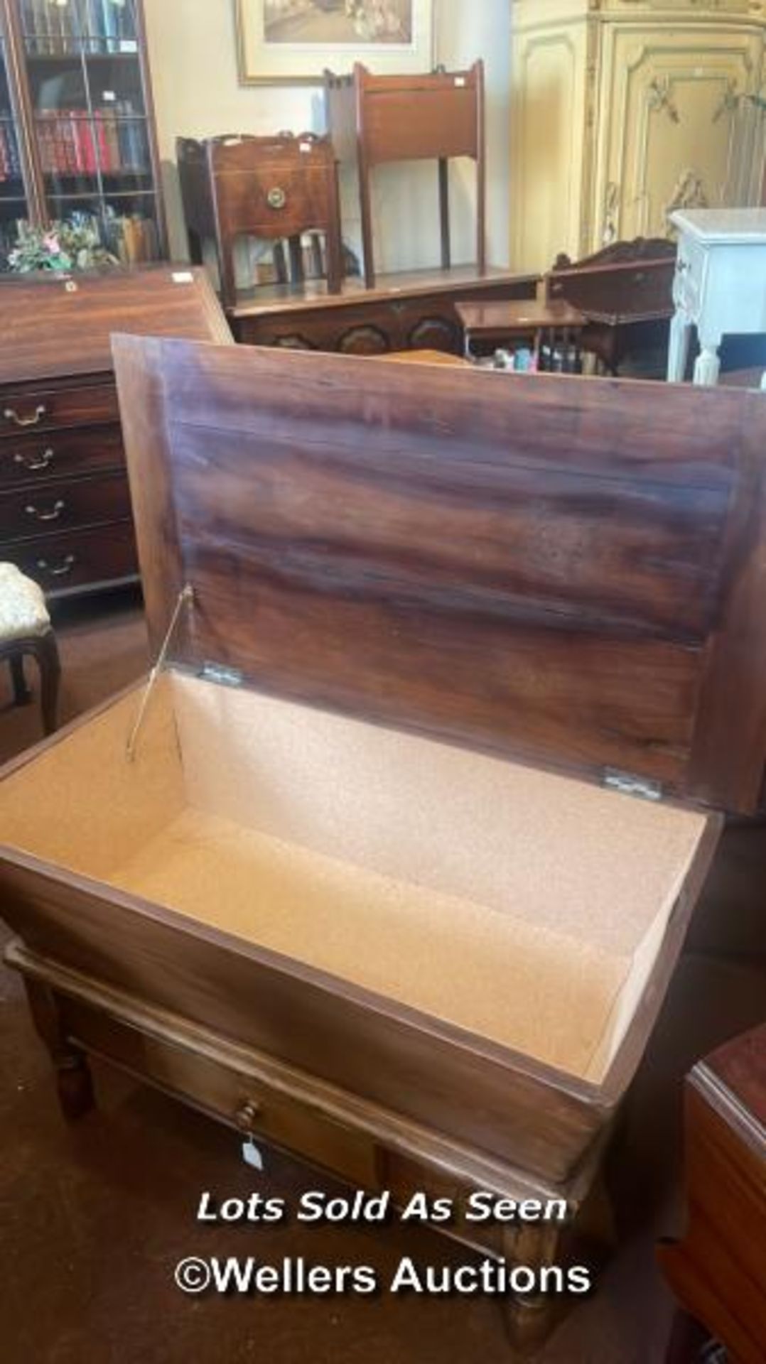 *WALNUT DOUGH BIN, NOW CORK LINED, WITH DRAWER, 108CM WIDE / LOCATED AT VICTORIA ANTIQUES, - Image 3 of 5