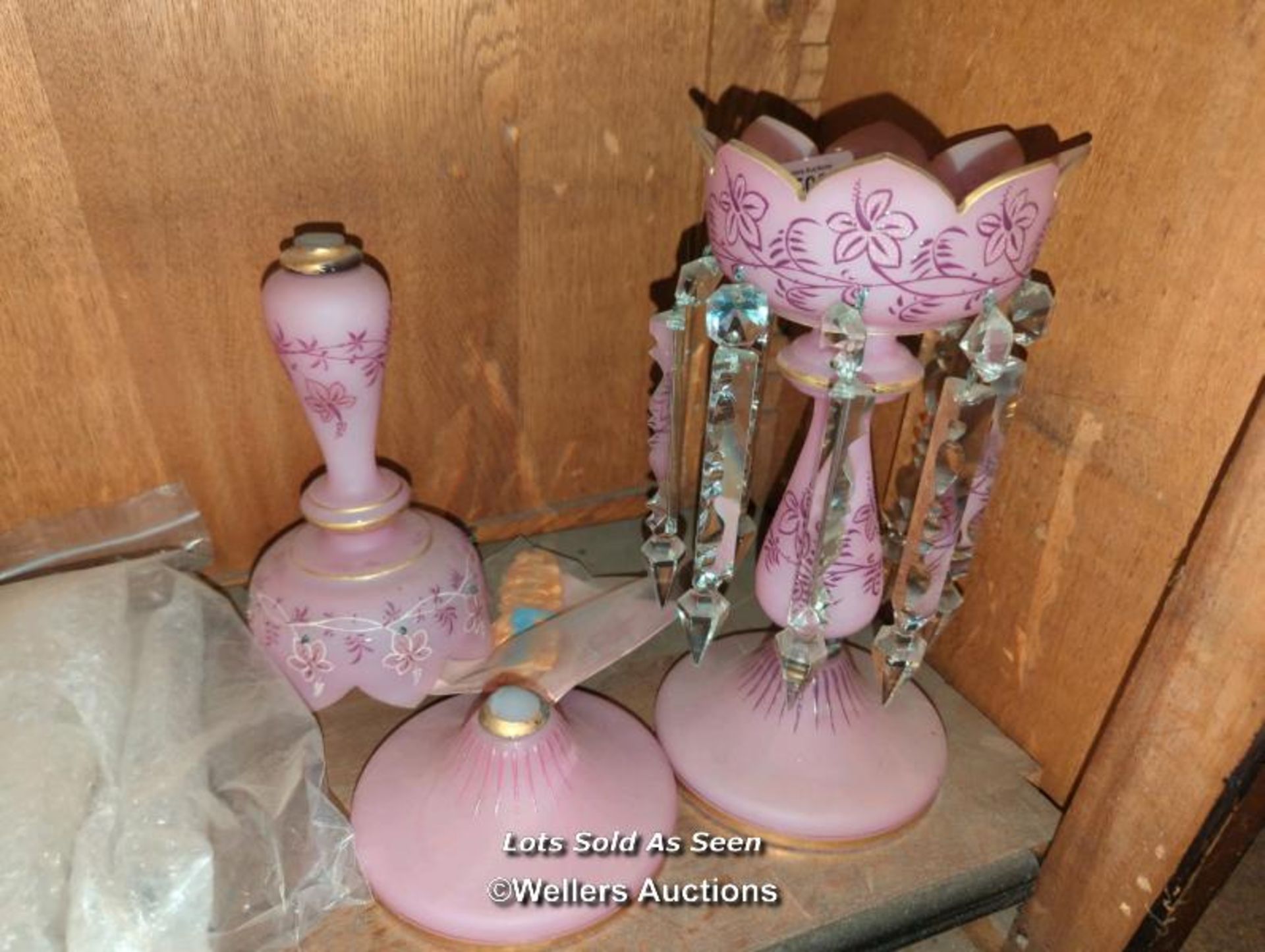 *PAIR OF VICTORIAN PINK GLASS LUSTRES, 28CM, ONE NEEDS REPAIR / LOCATED AT VICTORIA ANTIQUES,