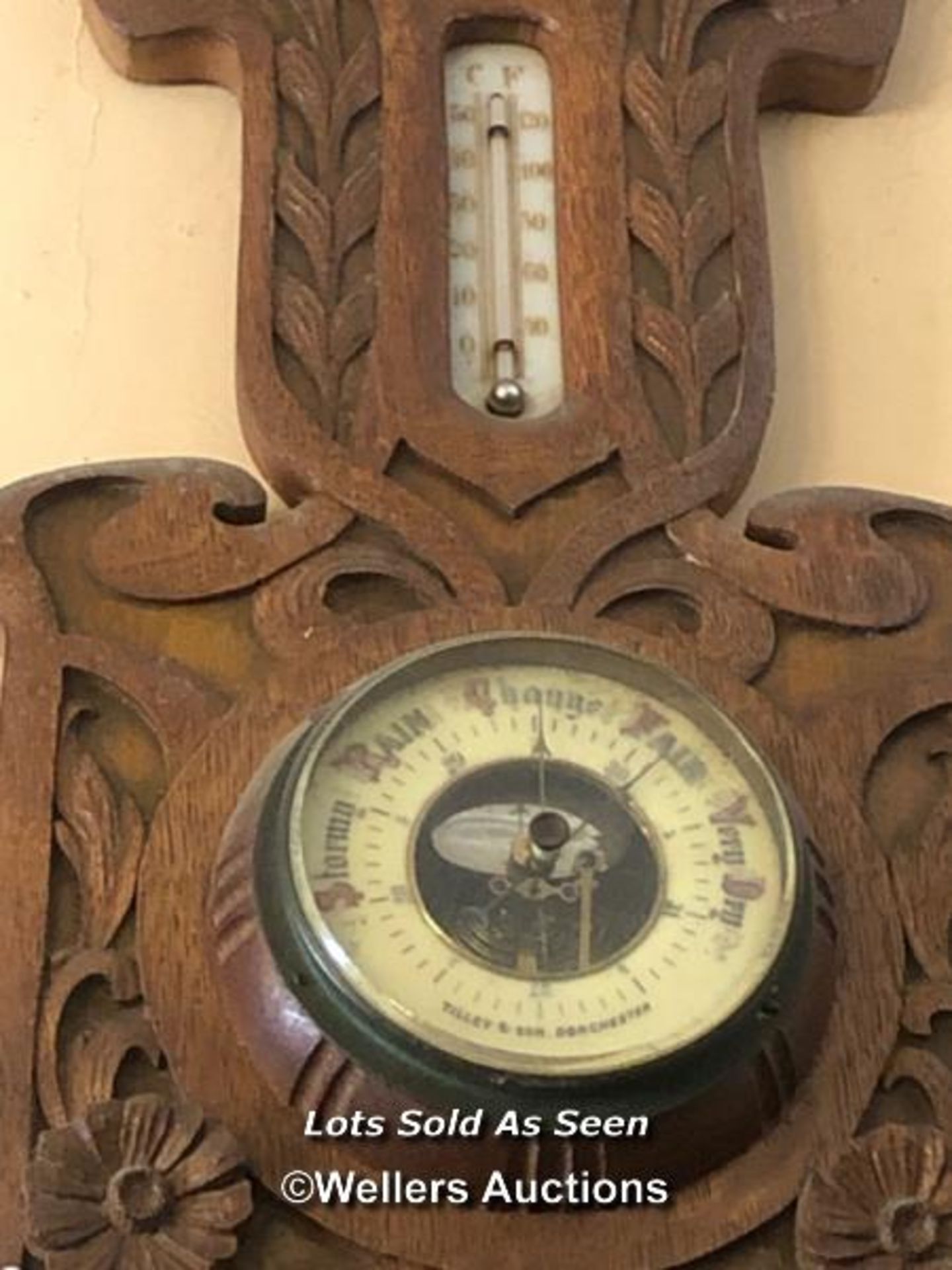 *CARVED OAK BAROMETER BY TILLEY & SON, DORCHESTER / LOCATED AT VICTORIA ANTIQUES, WADEBRIDGE, PL27 - Image 2 of 2