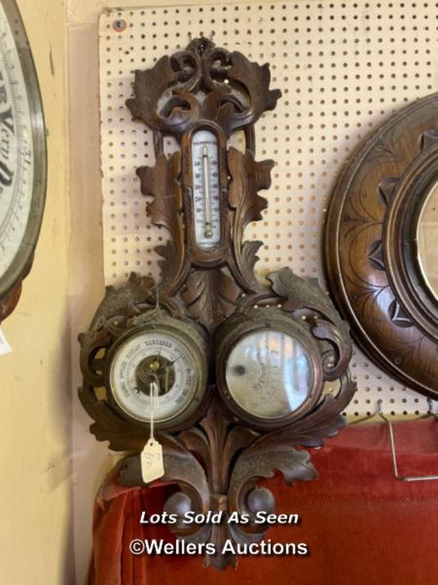 *FRENCH COMBINED BAROMETER/HYGROMETER/THERMOMETER IN CARVED FRAME / LOCATED AT VICTORIA ANTIQUES,