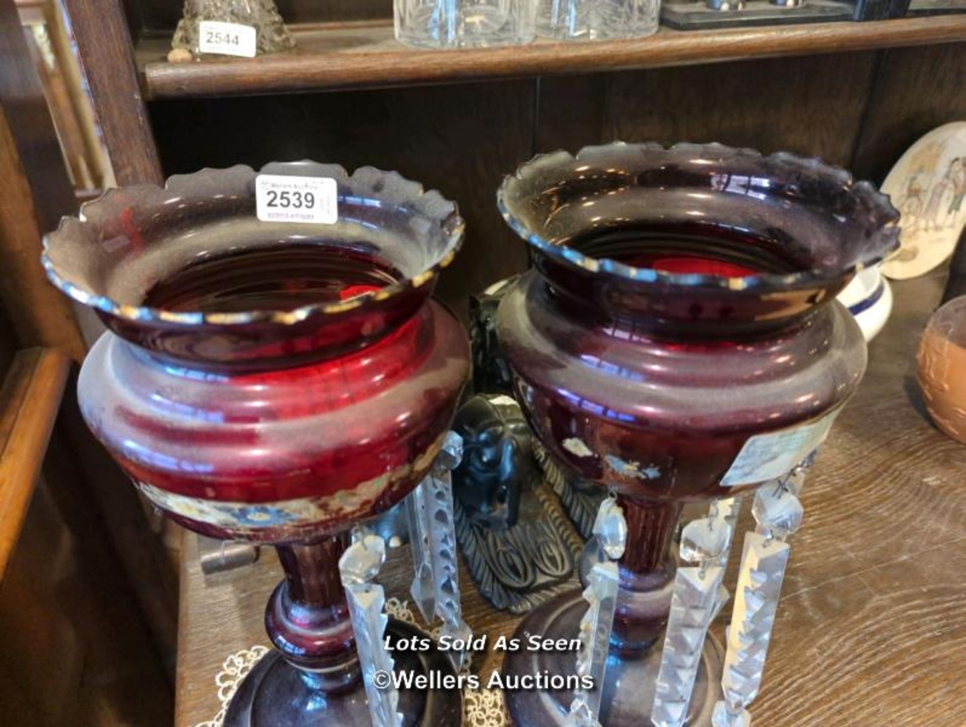 *PAIR OF VICTORIAN RUBY GLASS LUSTRES, 35CM, SOME DROPS LACKING / LOCATED AT VICTORIA ANTIQUES, - Image 2 of 2