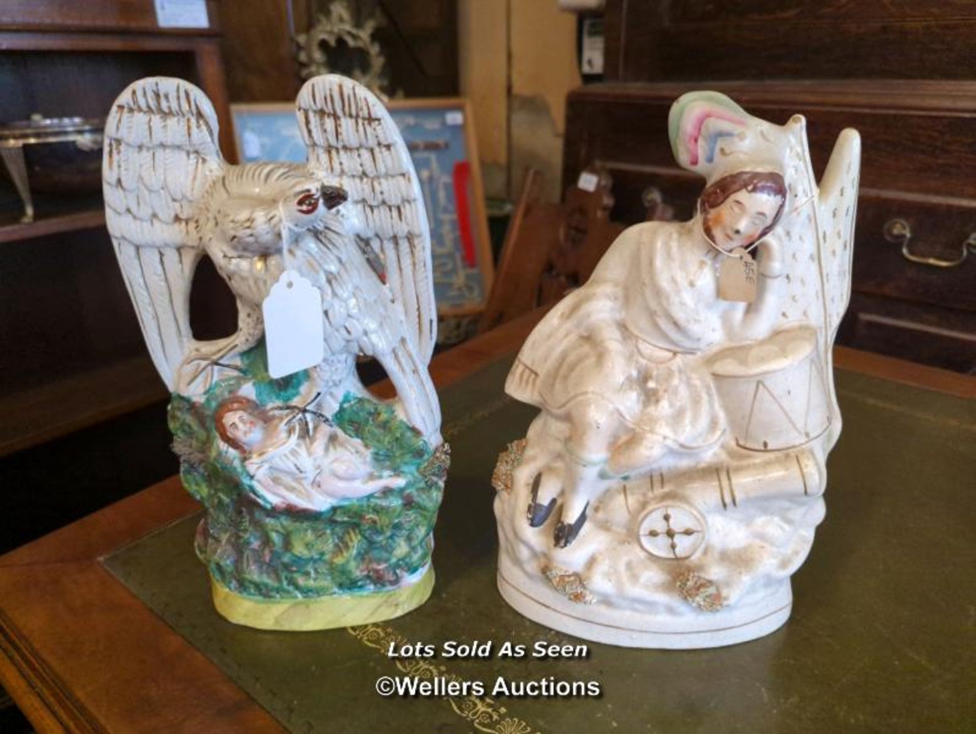 *TWO STAFFORDSHIRE FIGURES INCLUDING EAGLE AND CHILD / LOCATED AT VICTORIA ANTIQUES, WADEBRIDGE,