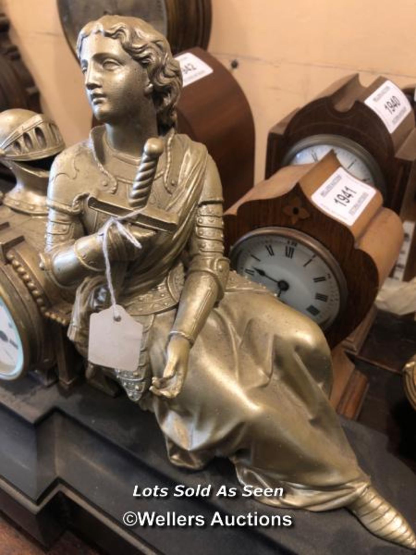 *GILT BRASS FIGURAL MANTEL CLOCK MODELLED AS JOAN OF ARC / LOCATED AT VICTORIA ANTIQUES, WADEBRIDGE, - Image 3 of 4