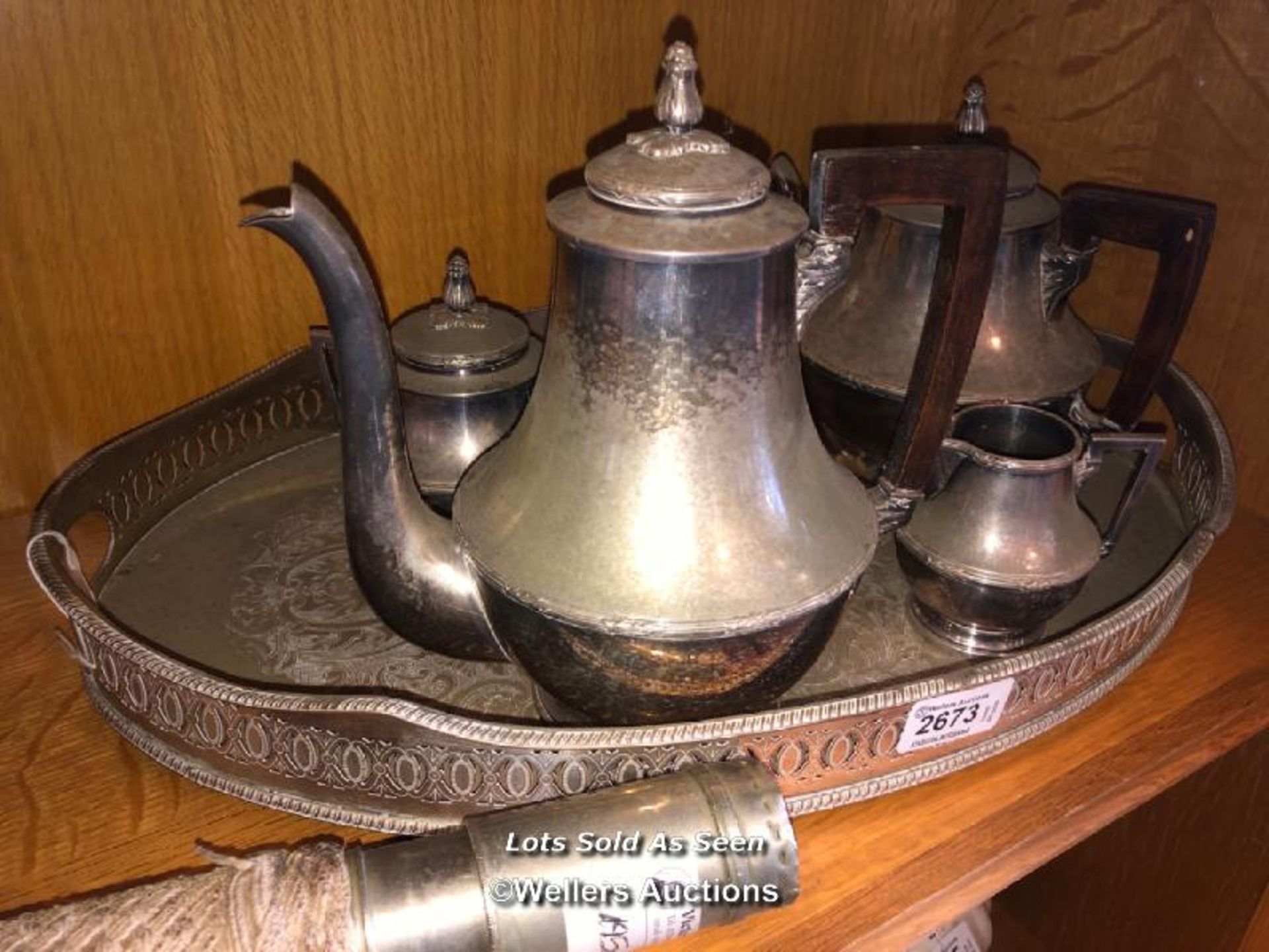 *SILVER PLATE TRAY WITH TEA AND COFFEE POT / LOCATED AT VICTORIA ANTIQUES, WADEBRIDGE, PL27 7DD