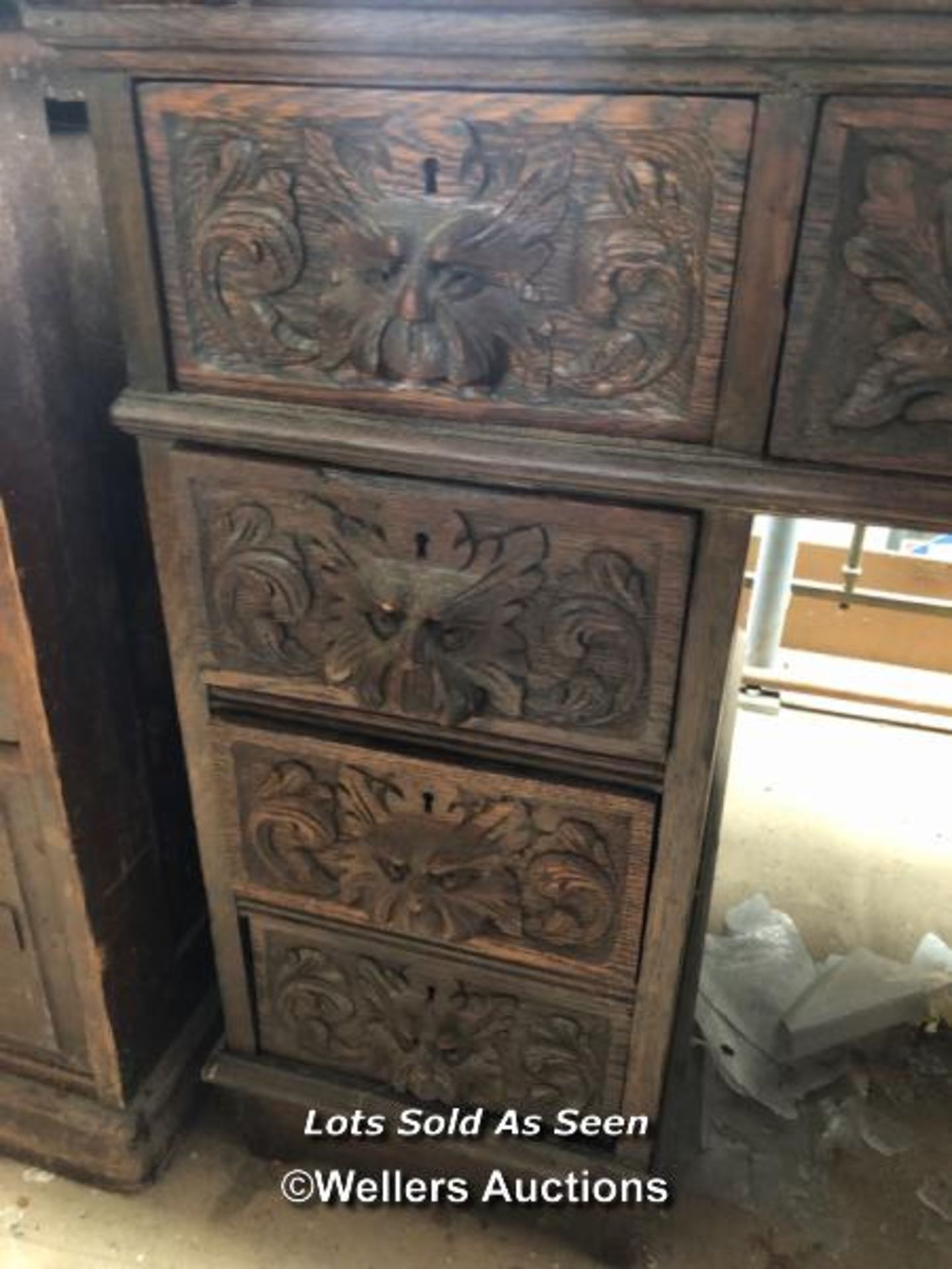 OAK CARVED DESK WITH NINE DRAWERS, 41.5 X 28.5 X 29.5 INCHES / LOCATED AT VICTORIA ANTIQUES, - Image 4 of 7