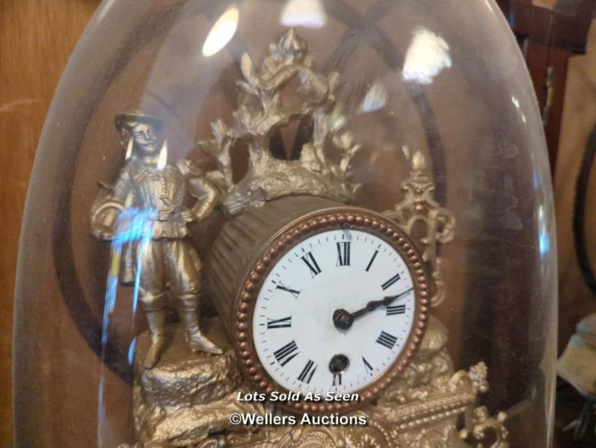 *VICTORIAN GILT METAL FIGURAL CLOCK UNDER GLASS DOME, 36CM / LOCATED AT VICTORIA ANTIQUES, - Image 2 of 2