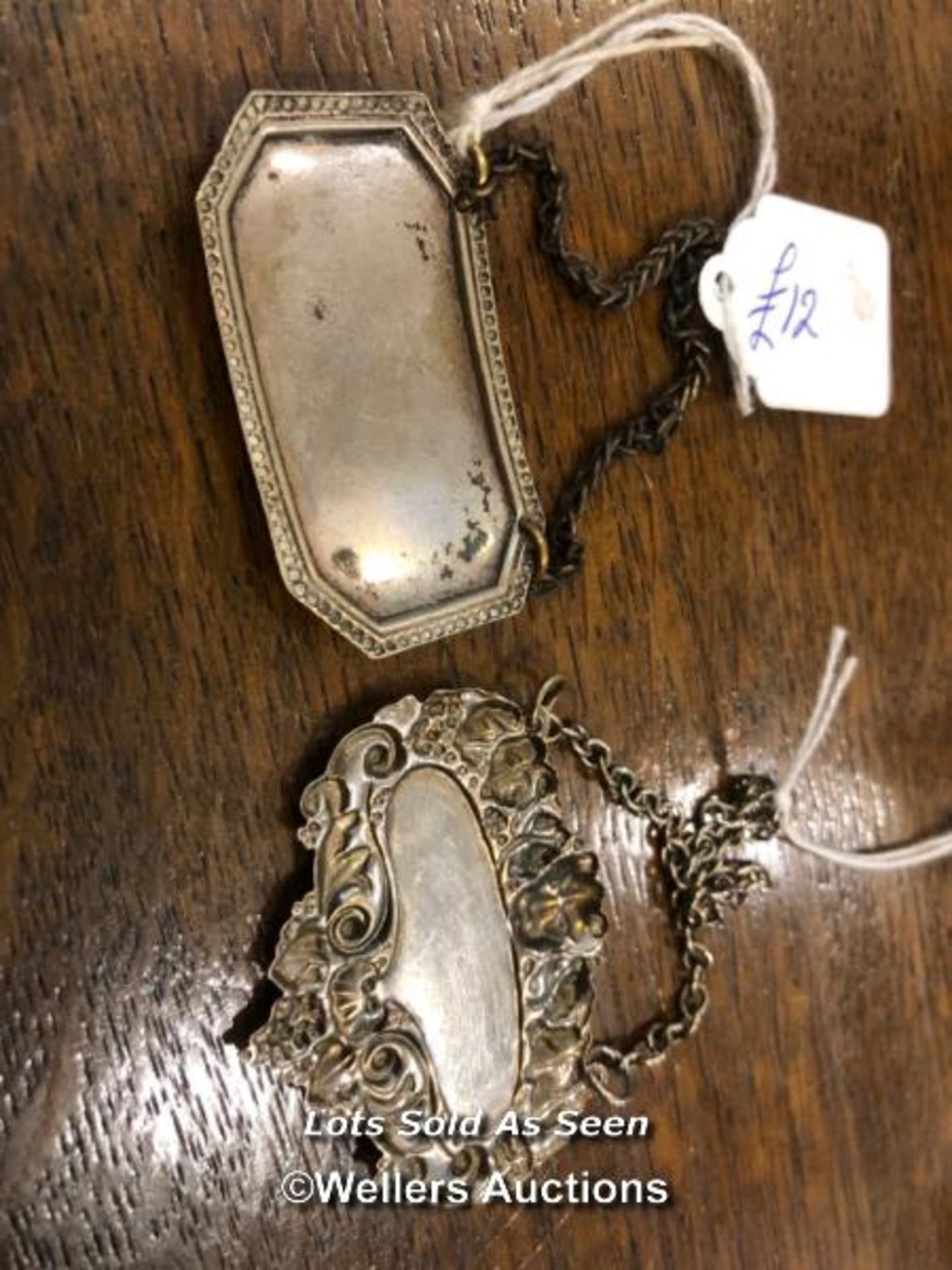 *TWO SILVER PLATED DECANTER LABELS / LOCATED AT VICTORIA ANTIQUES, WADEBRIDGE, PL27 7DD