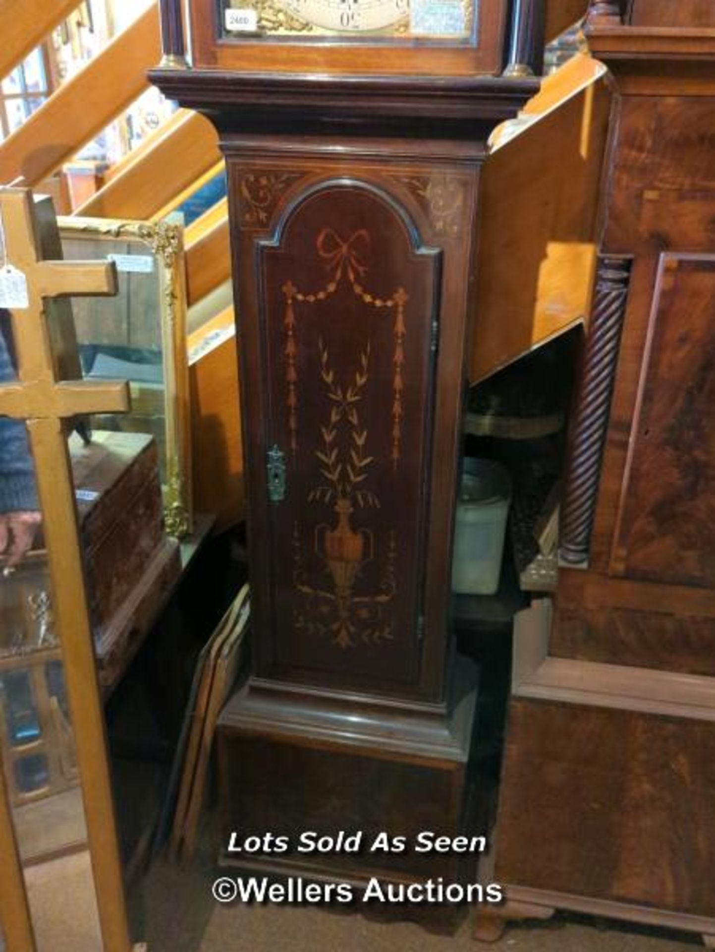 *INLAID MAHOGANY 8 DAY LONGCASE CLOCK WITH STRIKING MOVEMENT, 206CM / LOCATED AT VICTORIA - Image 3 of 6