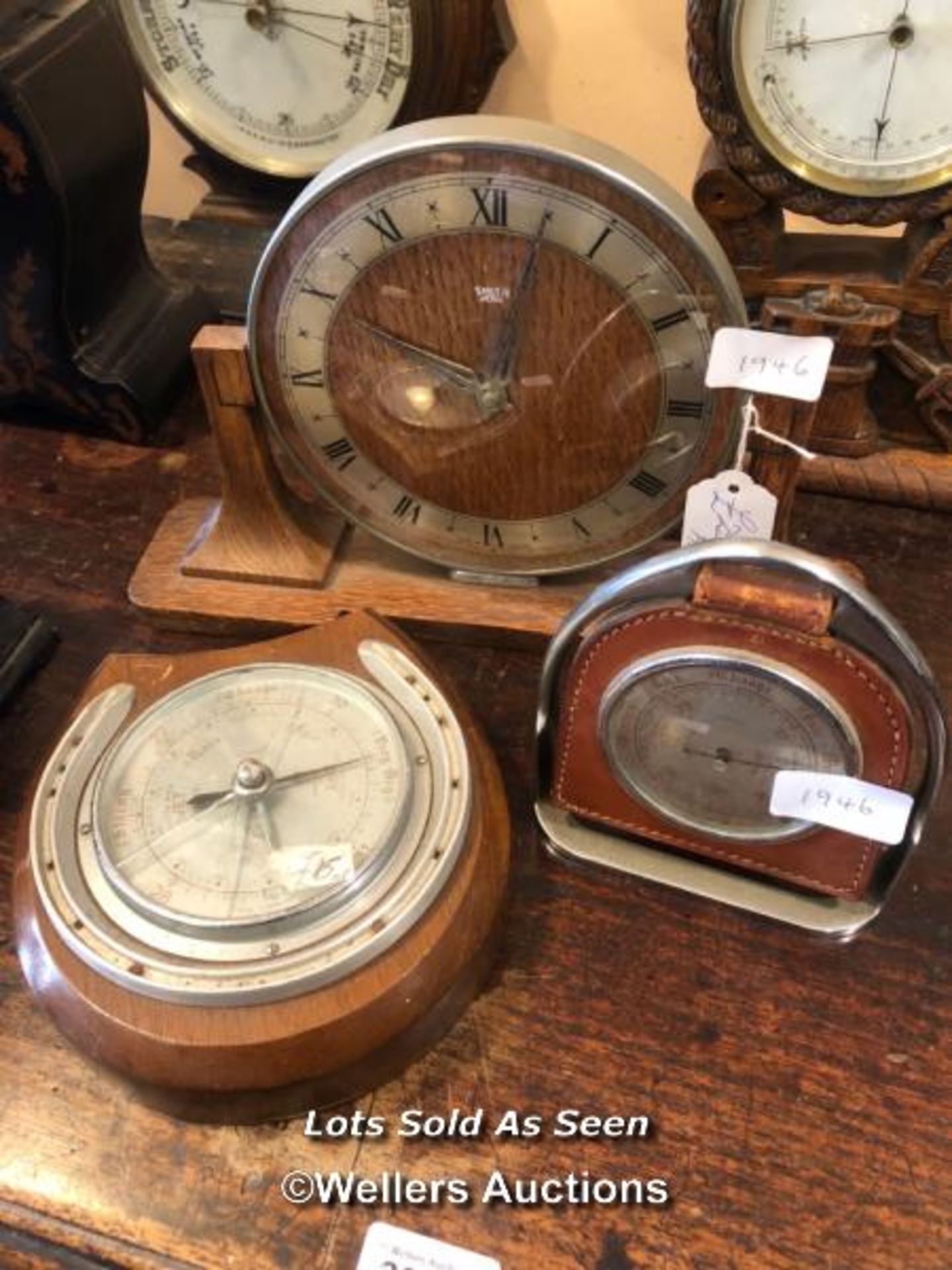 *SMITHS ART DECO MANTEL CLOCK; TWO BAROMETERS WITHIN HORSESHOES / LOCATED AT VICTORIA ANTIQUES,