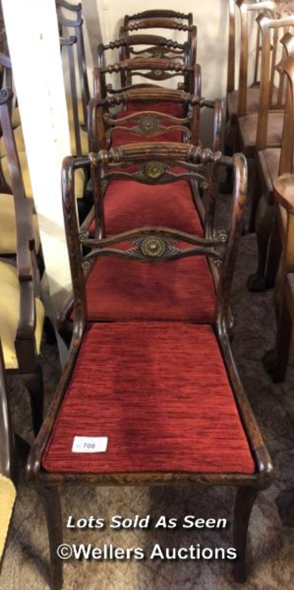 *SET OF SIX BAR BACK CHAIRS WITH RED UPHOLSTERED SEATS / LOCATED AT VICTORIA ANTIQUES, WADEBRIDGE,