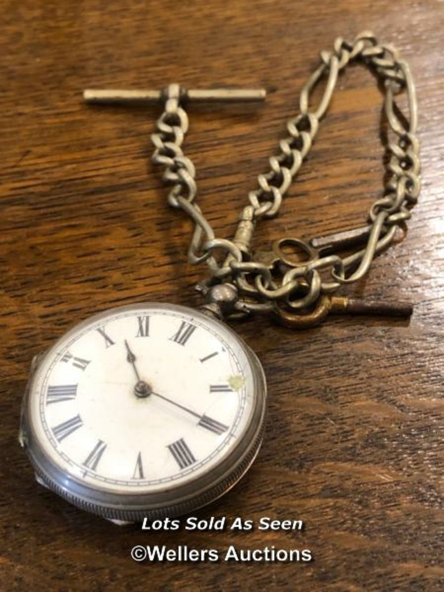*SILVER POCKET WATCH, WHITE ENAMEL DIAL, SILVER PLATED ALBERT / LOCATED AT VICTORIA ANTIQUES,