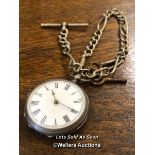 *SILVER POCKET WATCH, WHITE ENAMEL DIAL, SILVER PLATED ALBERT / LOCATED AT VICTORIA ANTIQUES,