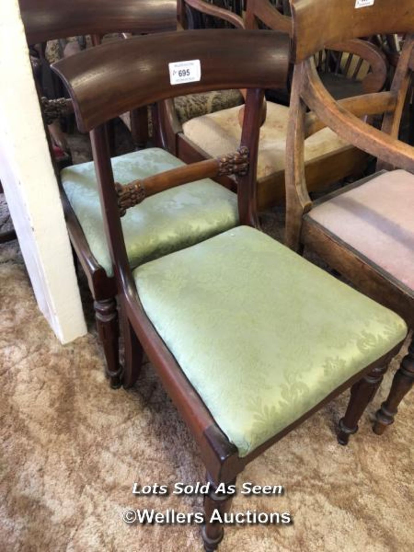 *PAIR OF BAR BACK CHAIRS WITH GREEN UPHOLSTERED SEATS / LOCATED AT VICTORIA ANTIQUES, WADEBRIDGE, - Image 2 of 2