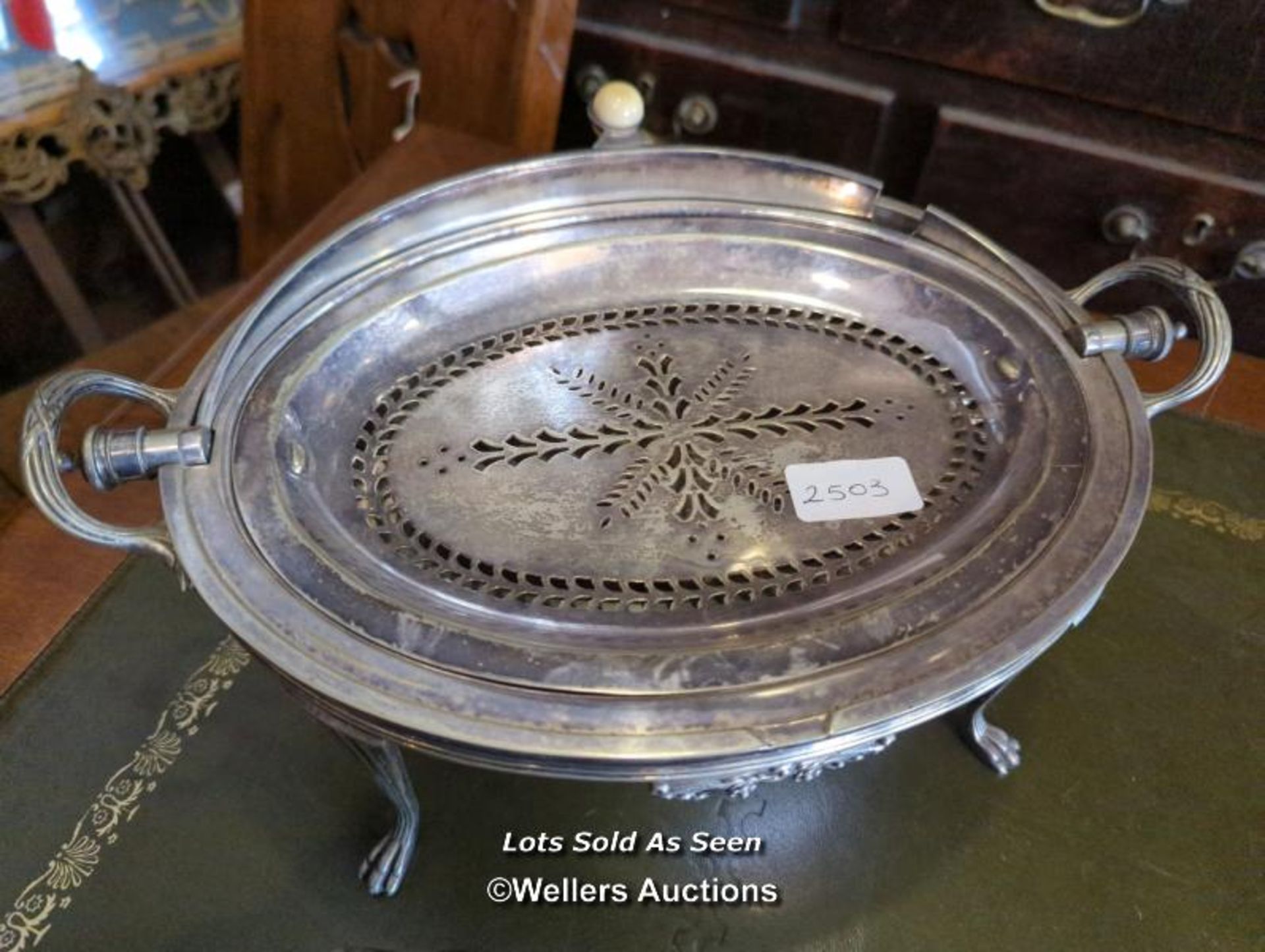 *TWO SIMILAR SILVER PLATED CHAFING DISHES WITH REVOLVING TOPS / LOCATED AT VICTORIA ANTIQUES, - Image 2 of 3