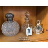 *3X SCENT BOTTLES, INCL. 1X WITH SILVER LID / LOCATED AT VICTORIA ANTIQUES, WADEBRIDGE, PL27 7DD