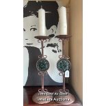 *PAIR OF WROUGHT IRON CANDLEHOLDERS WITH GLASS ROUNDELS, 43CM / LOCATED AT VICTORIA ANTIQUES,