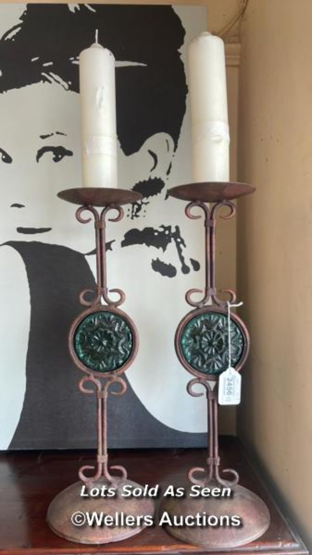 *PAIR OF WROUGHT IRON CANDLEHOLDERS WITH GLASS ROUNDELS, 43CM / LOCATED AT VICTORIA ANTIQUES,